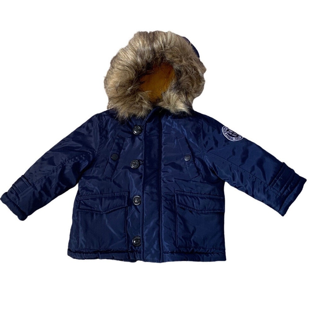 DKNY Winter Parka Jacket Kids 12M Navy Blue Excellent Faux Fur Hood Fleece Lined